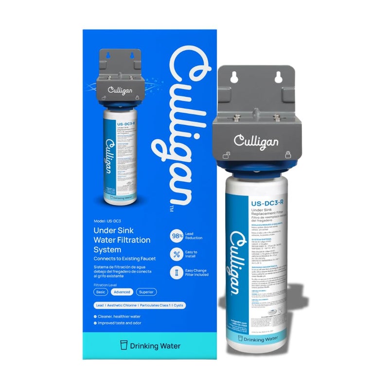 Culligan نظام فلترة المياه تحت الحوض كوليجان US-DC3، اتصال مباشر، فلترة رائدة ممتازة، يزيل 99% من الرصاص، الكلور، الطعم والرائحة، 4,750 جالون، خرطوشة لمدة 12 شهر، 1.5 جالون في الدقيقة - Image 1
